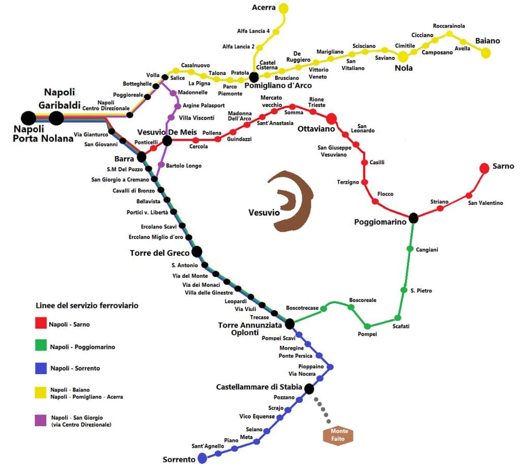 Kaart van circumvesuviana trein roete
